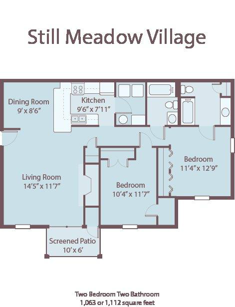 Floor plan for 2 beds, 2 baths, 1112 sqft